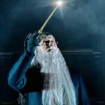 Dumbledore holds his wand above his head. The wand is letting out light from the tip