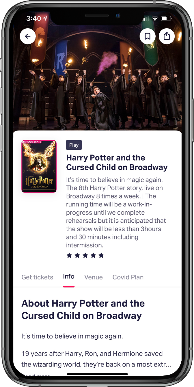 An iPhone shows play information for Harry Potter and the Cursed Child on Broadway.