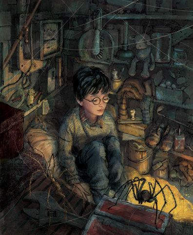 Drawing of Harry as a young boy in his cupboard under the stairs