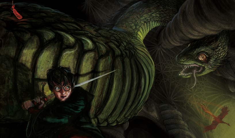 Drawing of Harry Potter in the Chamber of Secrets. He is holding the sword of Gryffindor and fighting the basilisk